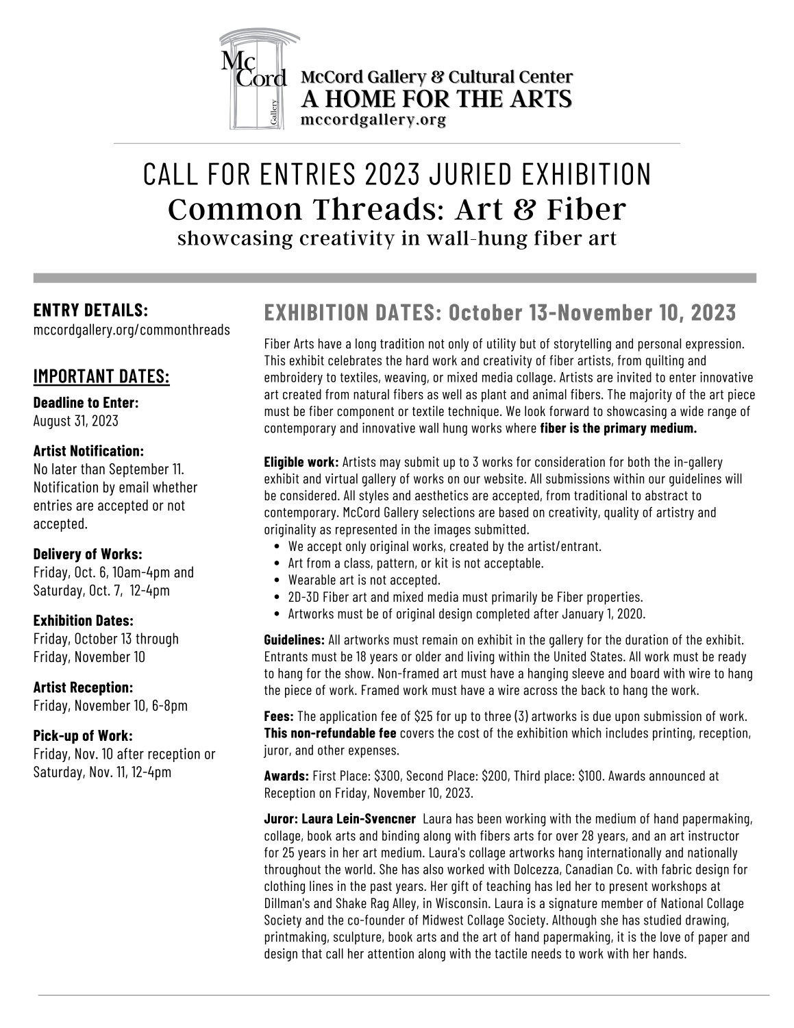Call for Entries Common Threads Art & Fiber Palos Park/Chicagoland